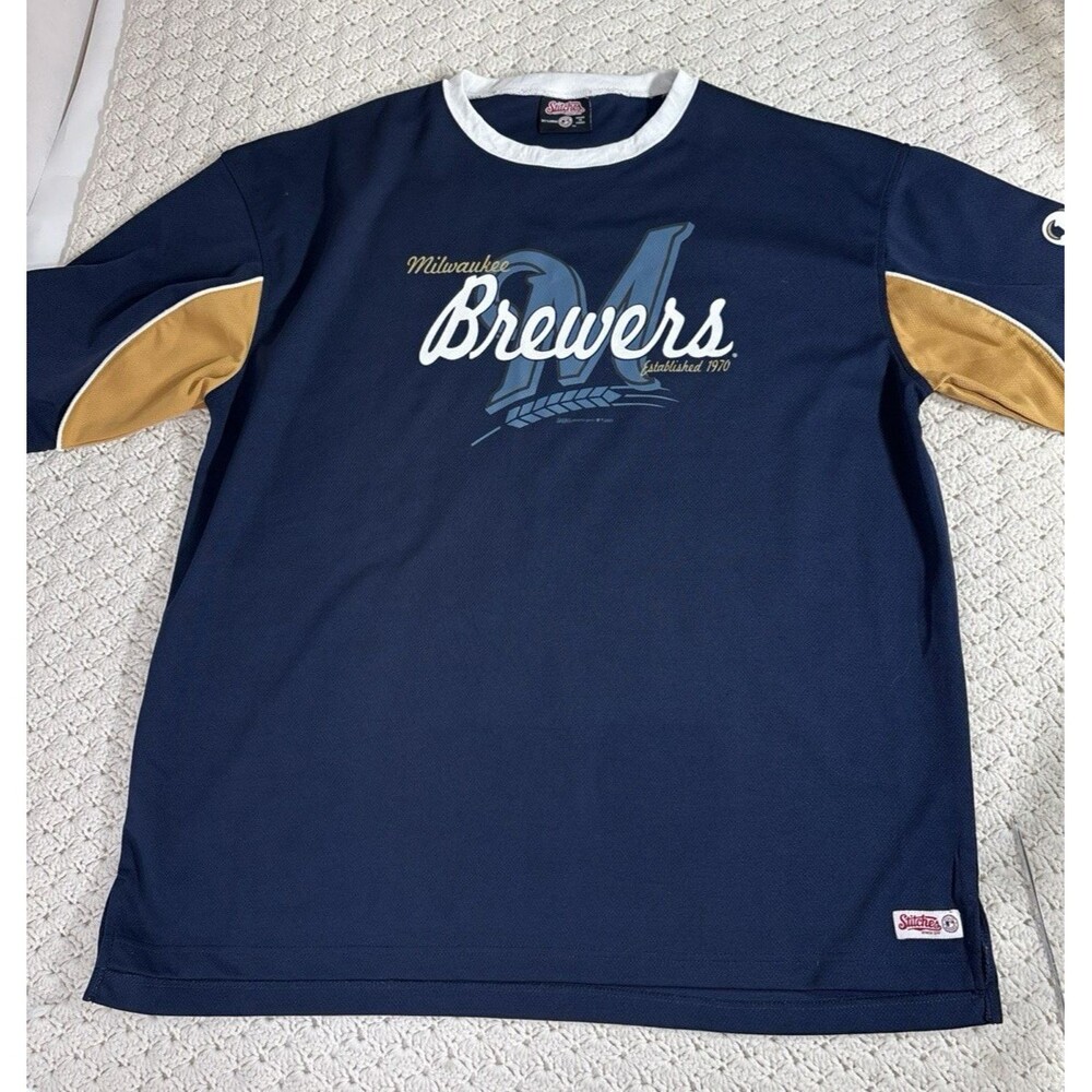 Milwaukee Brewers Stitches MLB Baseball Shirt 2XL Navy Blue Gold EUC